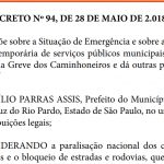 Greve dos caminhoneiros entra no 9º dia; Prefeitura de Santa Cruz decreta situação de emergência